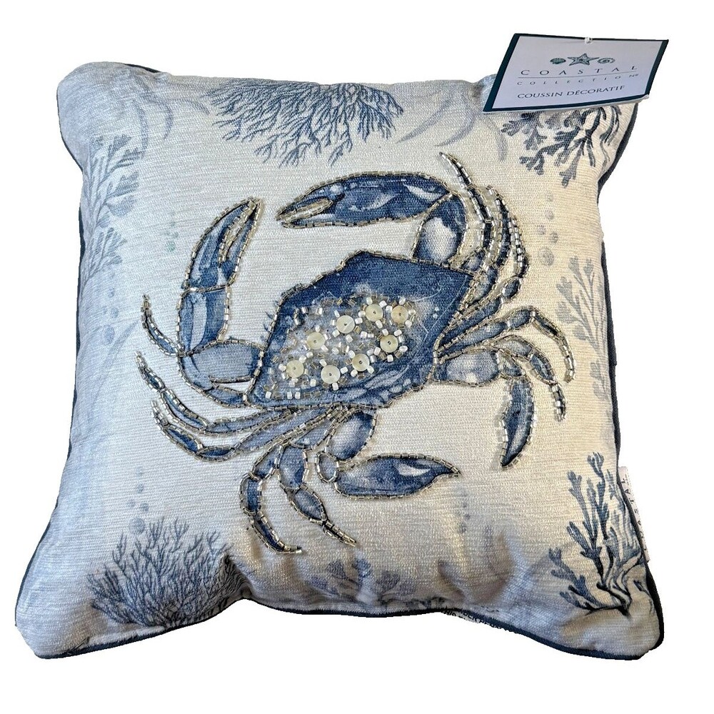 Coastal Collection Crab Beaded Decor Throw Pillow Beach Ocean Blue 12”X 12”